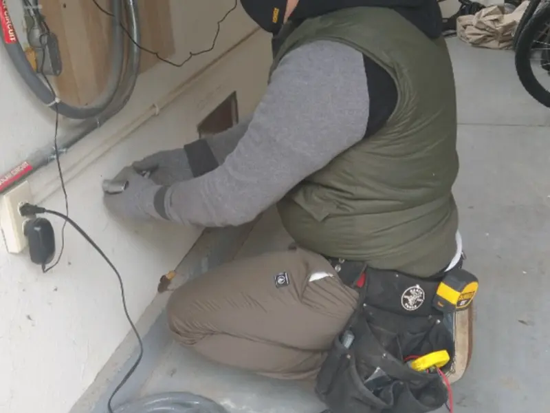Electrician performing outlet wiring in a Hurstbourne garage